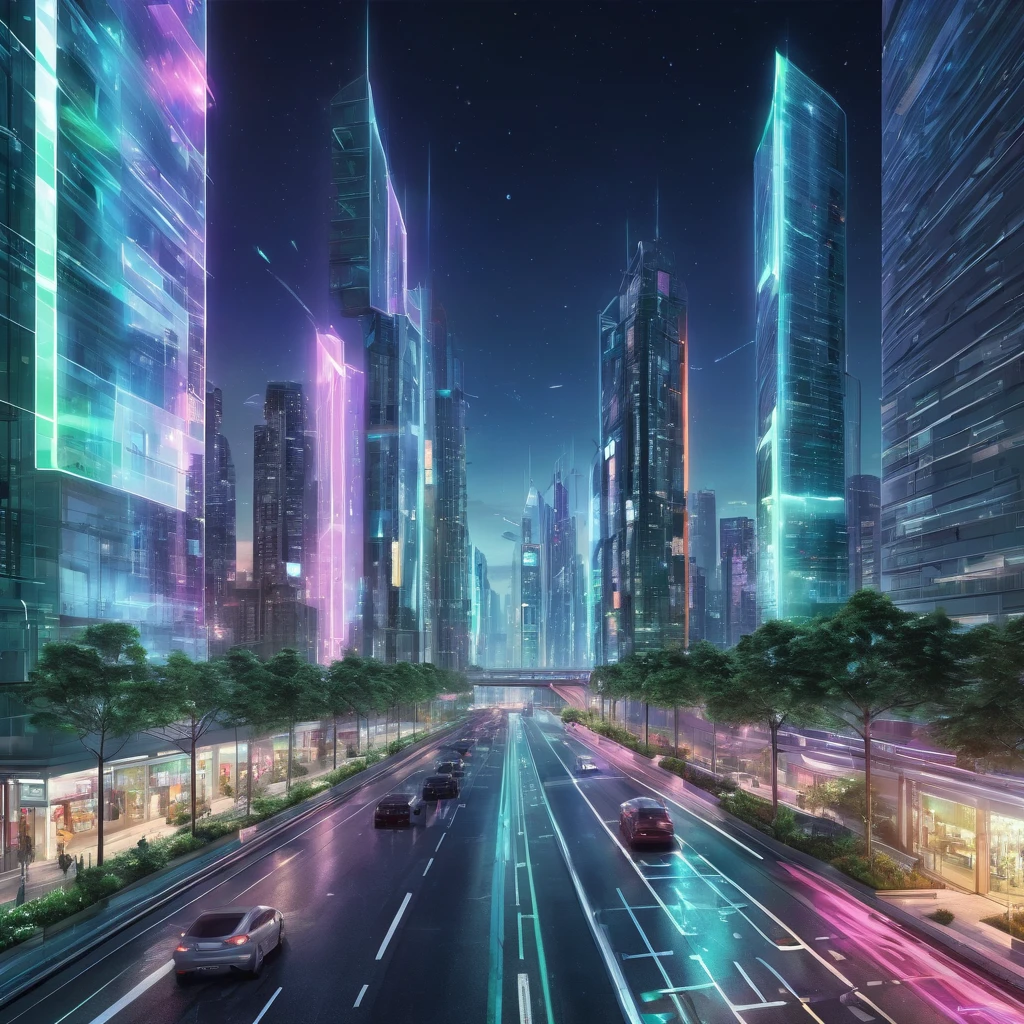 Create an incredibly amazing and fantastical image utilizing "Artificial Lighting." Imagine a futuristic urban landscape at night, where the entire city is illuminated by a complex network of artificial lights. The scene is a dazzling display of neon colors, holographic advertisements, and glowing pathways.
In the foreground, a sleek, modern building with a glass facade reflects the vibrant lights of the city. The building is adorned with intricate light patterns that change dynamically, creating a mesmerizing effect. Surrounding the building, illuminated walkways and elevated pathways are bustling with people, each path glowing with different colors to guide the way.
The streets below are alive with activity, featuring a mix of futuristic vehicles and pedestrians. Holographic displays project advertisements and information, adding layers of light and color to the scene. Street lamps and light poles emit soft, ambient lighting, enhancing the futuristic ambiance.
In the background, towering skyscrapers with glowing windows and lighted architectural features stretch towards the night sky. Some buildings have rooftop gardens with trees and plants that emit a gentle bioluminescent glow. The sky is a deep, starry expanse, with the occasional drone or flying vehicle adding to the sense of a high-tech future.
The overall color palette should be a mix of cool blues, purples, and greens, contrasted with warm oranges and pinks from the neon lights and holograms. Use detailed, dynamic lines to capture the intricate lighting and the vibrant energy of the scene.
The entire image should evoke a sense of wonder, innovation, and the captivating beauty of a city brought to life by artificial lighting, creating a truly unique and stunning masterpiece.