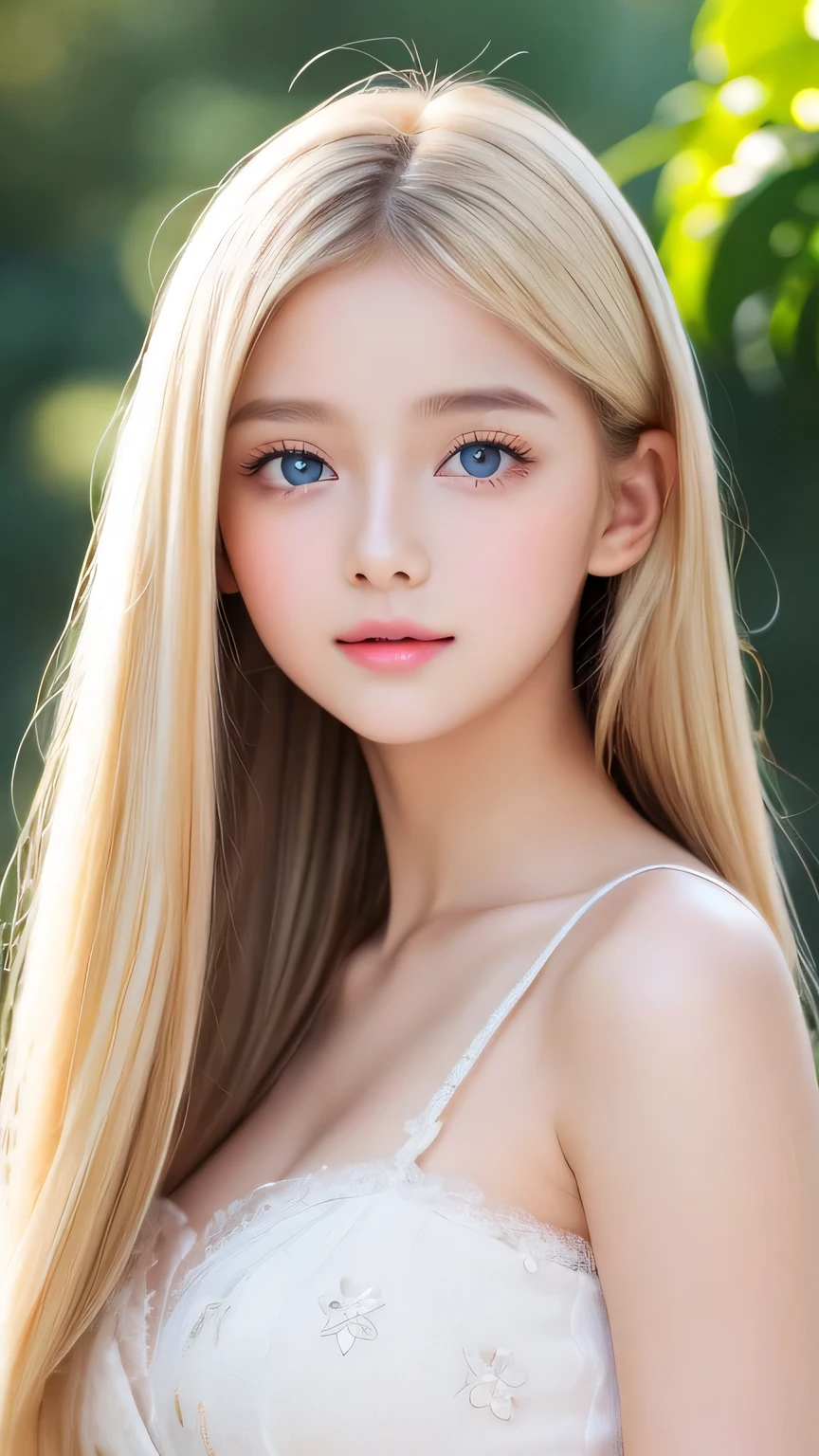 ((Glossy blonde hair and dazzling glossy hair))、A lovely little beautiful face of 15 years old、Bright expression、ponytail、Messy bangs、A cute face that suits you、Bangs between the eyes、Long, lustrous bangs dancing in front of her pretty face、bangs that hide the face、(Very beautiful super long straight silky hair),Sexy cute young woman、Very big eyes、Sparkling, light, pale blue eyes、Small Face Beauty、Round face、White skin、Glowing Skin、Cheek gloss、Gloss Face、Young face、Lolita Face、