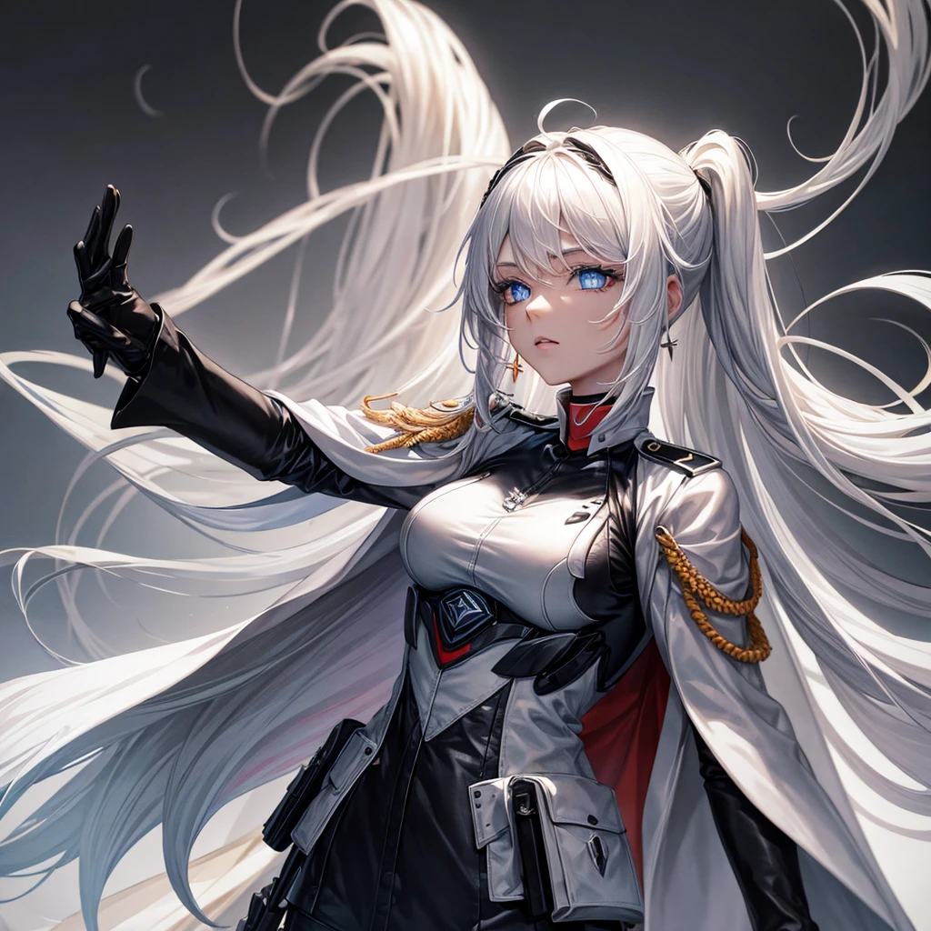 White hair, blue eyes, beautiful female, black military uniform, black leather clothing