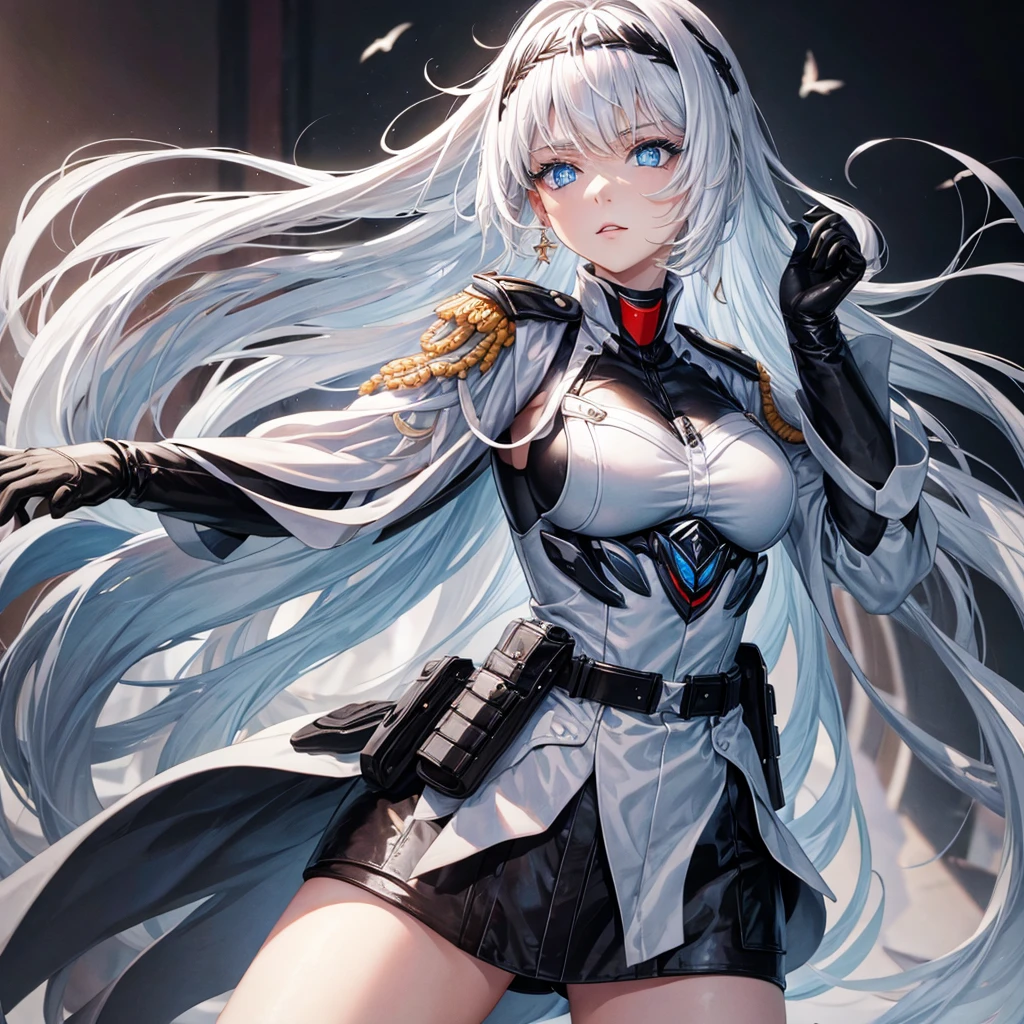 White hair, blue eyes, beautiful female, black military uniform, black leather clothing