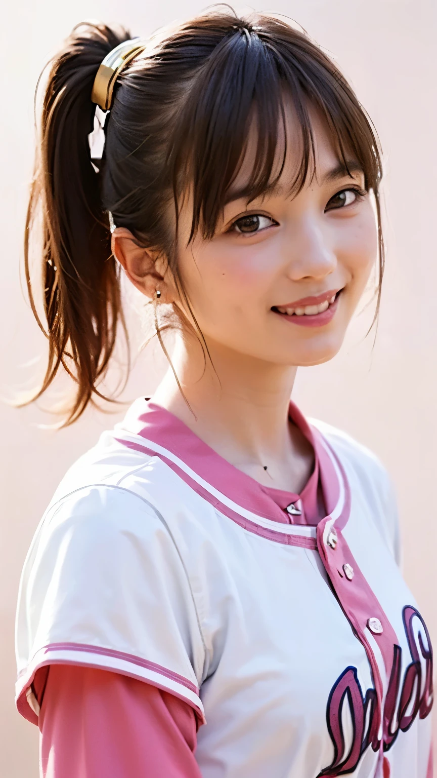 (Highest quality、8k、32K、masterpiece)、(Realistic)、(Realistic:1.2)、(High resolution)、Very detailed、Very beautiful face and eyes、1 Girl、Round and small face、Tight waist、(close、Highest quality、Attention to detail、Rich skin detail)、(Highest quality、8k、Oil paints:1.2)、(Realistic、Realistic:1.37)、Bright colors、(((Golden Hair)))、(((Side ponytail hair)))、(((Upper Body Shot)))、(((Medium Hair)))、(((White wall background)))、(((Fun Expressions)))、(((Pink baseball uniform)))、(((Pink uniform)))、(((smile)))、(((Medium Hair)))、Black Uniform、(((Blonde)))