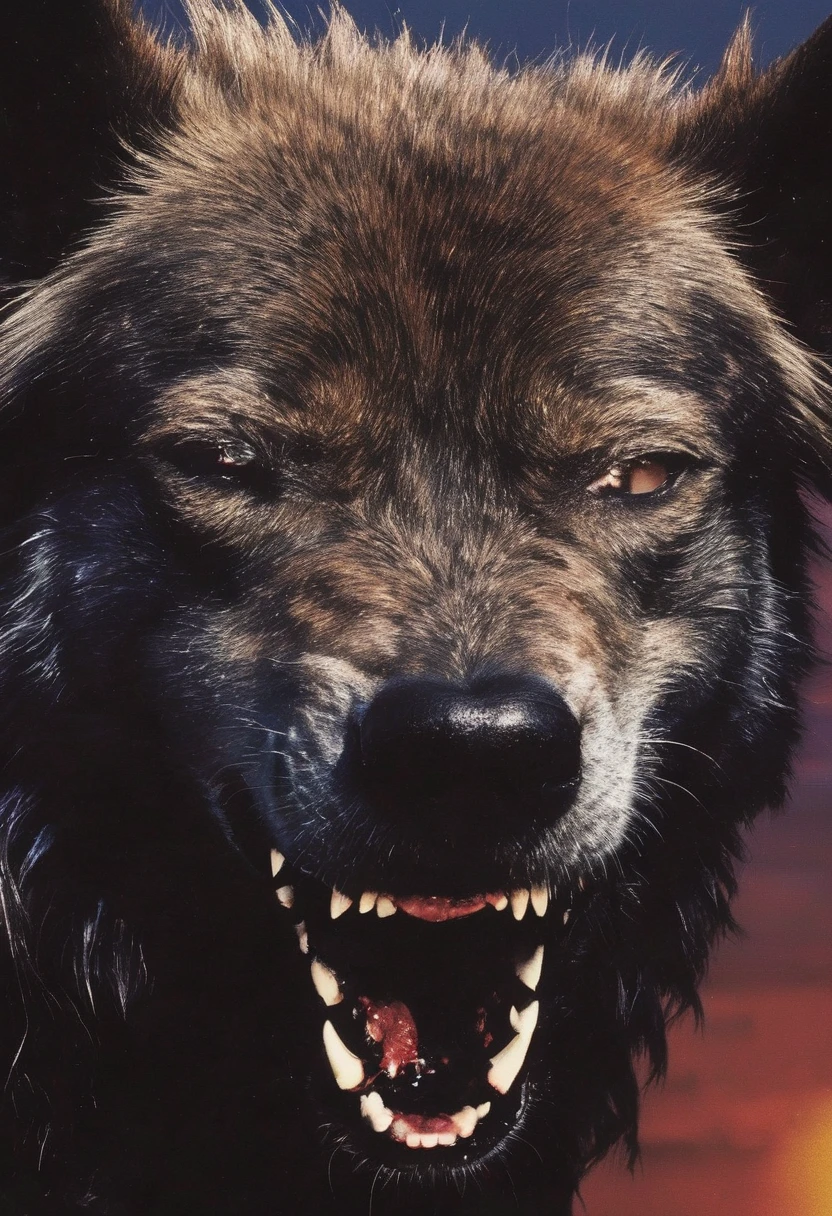 angry monster dog with big teeths all over the head in front of sunset