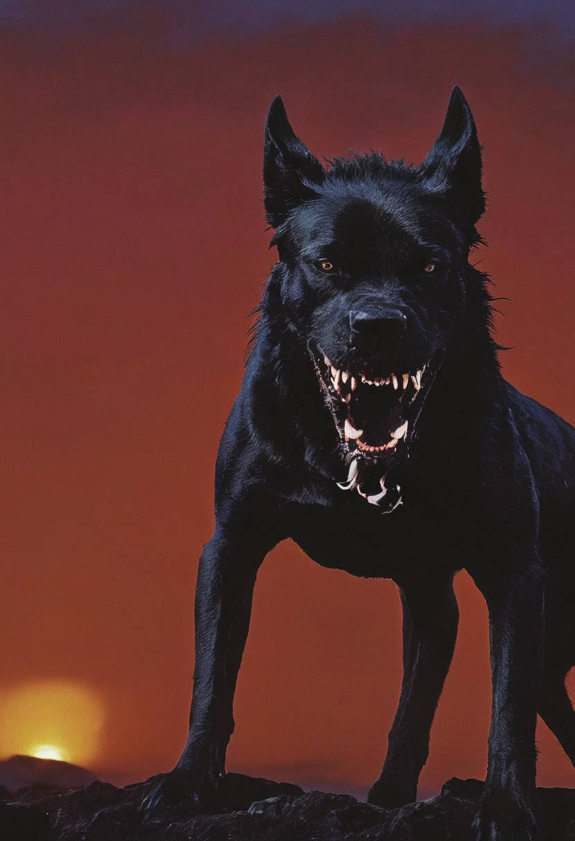 angry monster dog with big teeths all over the head in front of sunset