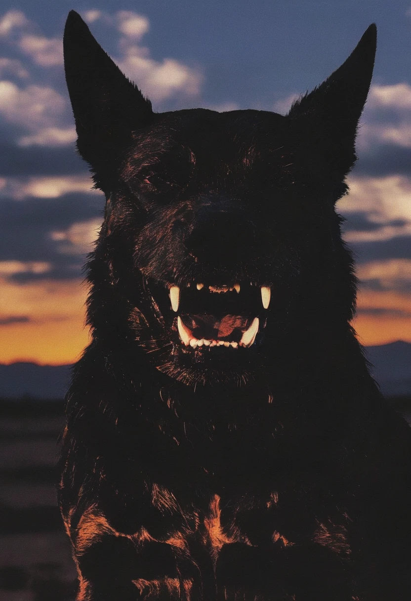 angry monster dog with big teeths all over the head in front of sunset
