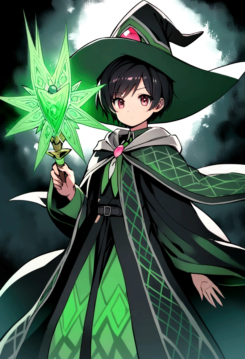 a magical girl with healing powers, maroon eyes, short black hair like a boy, wearing a black and green magical academic uniform with a wizard's hat and a large wand in her hand, wearing a cool black magic robe with green patterns 