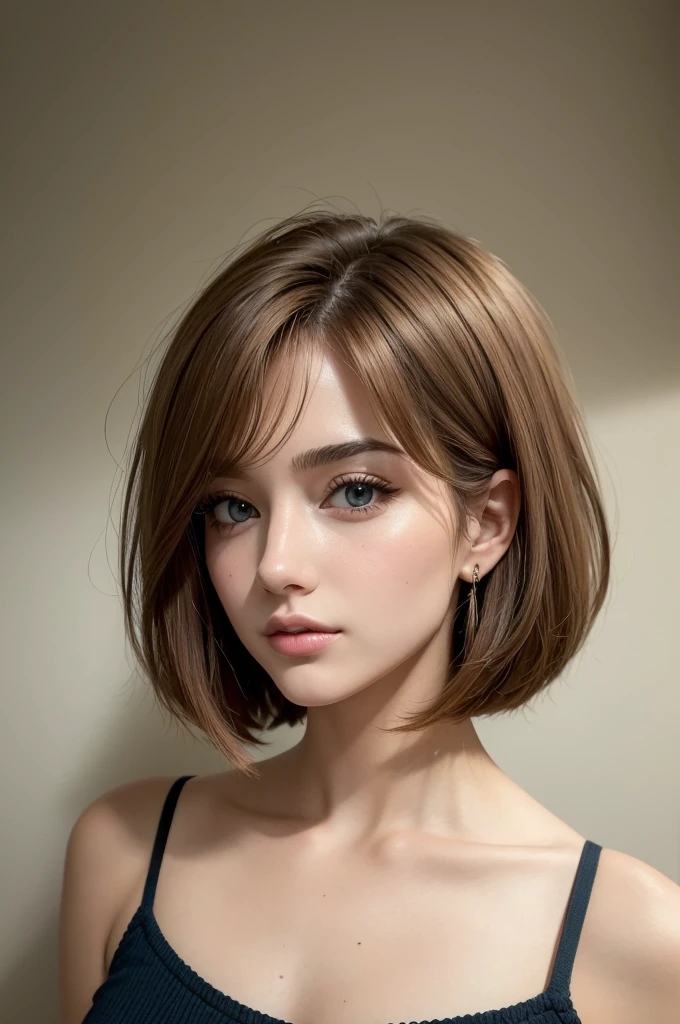 ((best quality)), ((masterpiece)), (detailed), perfect face uma mulher de 21 anos, cabelos andulados no corte micro bob com partilha, cor de cabelo marrom escuro.