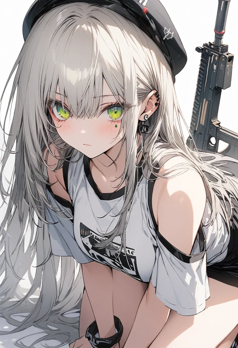 (masterpiece),(((best quality))), ((ultra-detailed)), (illustration), ((an extremely delicate and beautiful)),1girl, antlers, bangs, bags under eyes, breasts, expressionless, eyeliner, green eyes, grey hair, hair flaps, long hair, mole, mole under eye, ponytail, reindeer antlers, sidelocks, small breasts, solo,boots,rangers \(arknights\),absurdres,commentary,highres