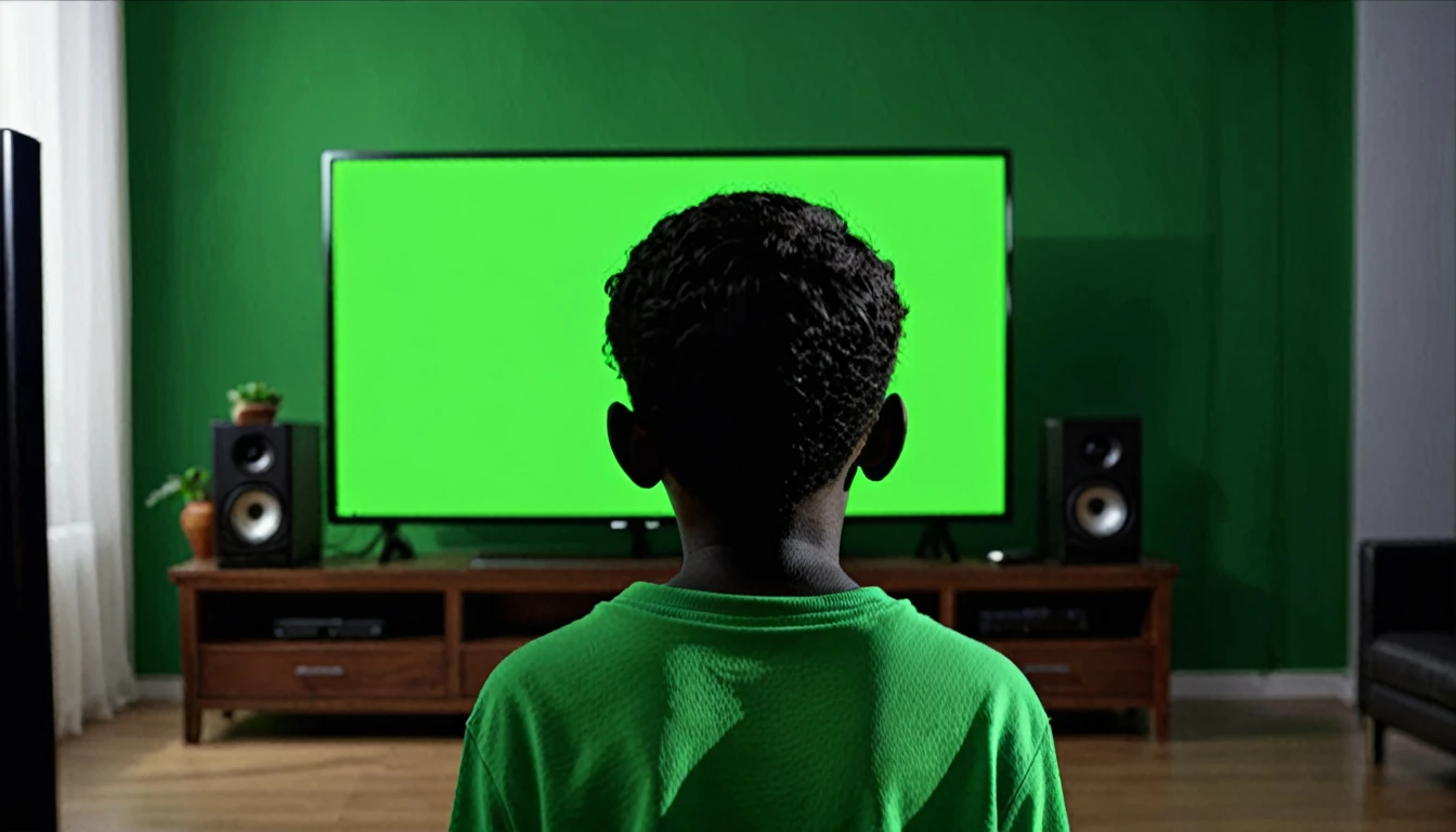 Mysterious dark boy back side watching full green screen in TV clearly visible background dark
