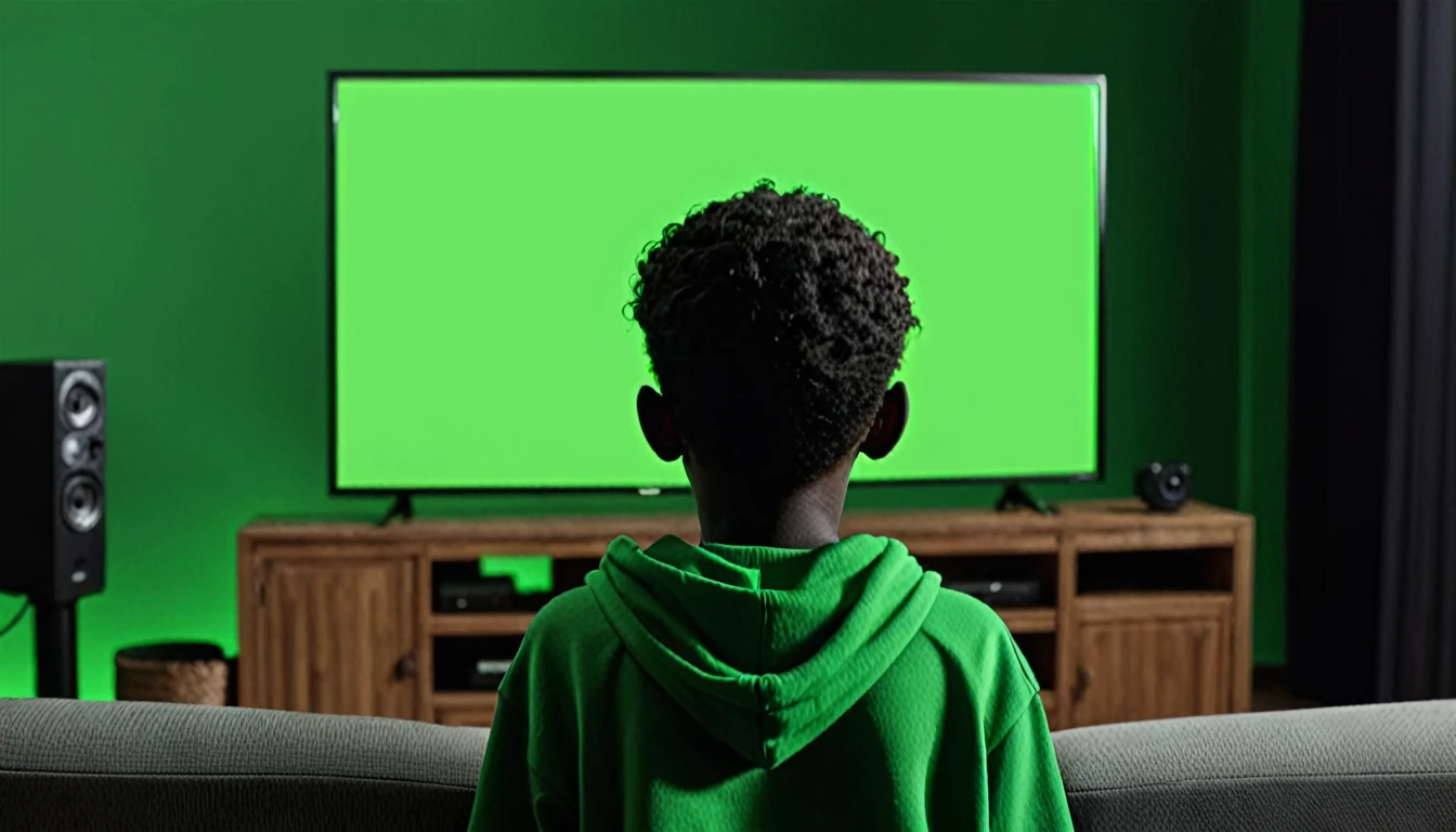 Mysterious dark boy back side watching full green screen in TV clearly visible background dark