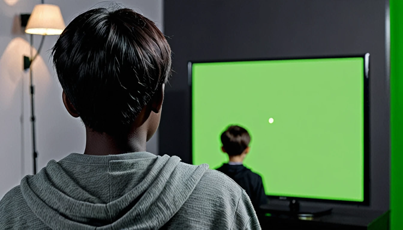 Mysterious dark boy back side watching full green screen in TV clearly visible background dark