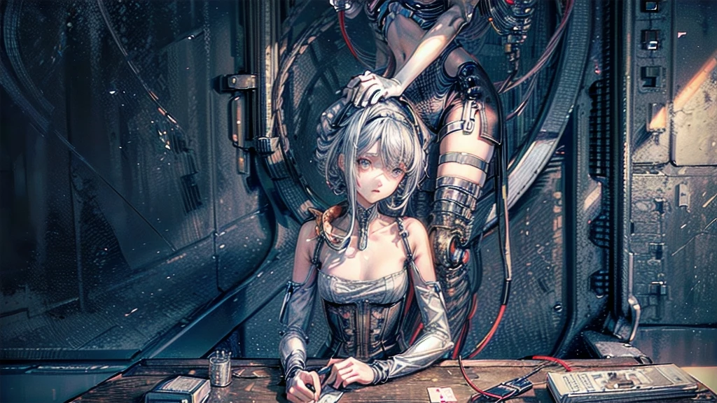 (((masterpiece))), (((Highest quality))), ((Very detailed)), (Highly detailed CG illustrations), ((Very delicate and beautiful)),(Cute and delicate face),Light,((1. Machine Girl)),alone,whole body,(Machine made joints:1.4),((Mechanical Limbs)),(Muscle swelling),(The container is connected to a tube),(Brain in a container:1.3),((Mechanical vertebrae attached to the back)),((Mechanical cervical spine attached to the neck)),((Sitting)),poker face,(Wires and cables attached to head and body:1.5),Small breasts,short hair,(Character Focus),SF,Lying down,Dark shortcuts,Centering shortcuts,A devastated society,alone,