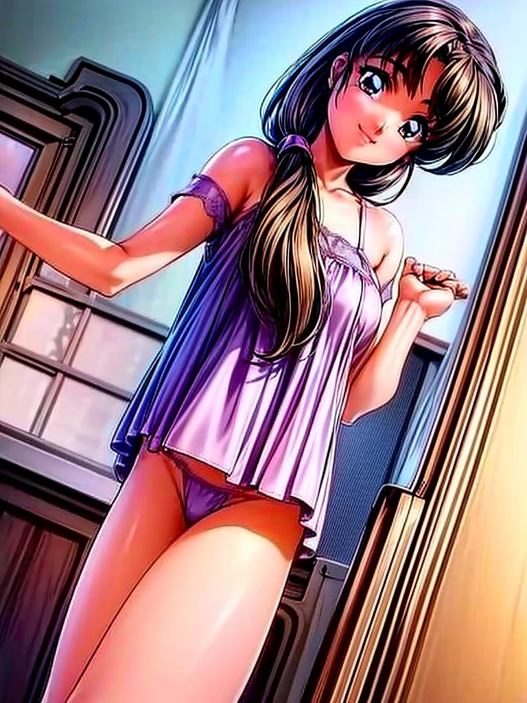 A young woman in a lavender bra and panties set is standing in front of a window. The woman has long brown hair and is looking at the camera with a smile. The image is taken from a slightly low angle.