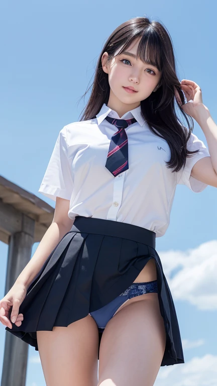 ((from below:1.4)),((High definition)),((high resolution)),((High definition)),((detailed)),((8K)),((Perfect Face)),((Perfect body)),((Realistic)),((Real)),((Realistic)),((beautiful girl)),((school uniform)),(((skirt lift yourself both hands))),((show off :1.4)),(:1.2),((big breasts:1.1)),((hairstyle that shows off the forehead))、((Embarrassed expression))、Wearing pink 、((very short skirt))、long hair、Smile with your mouth closed、Jet black hair、Dark brown eyes、Very white skin、Double eyelids、Big Eyes、Schoolyard、blue sky、sunny、
