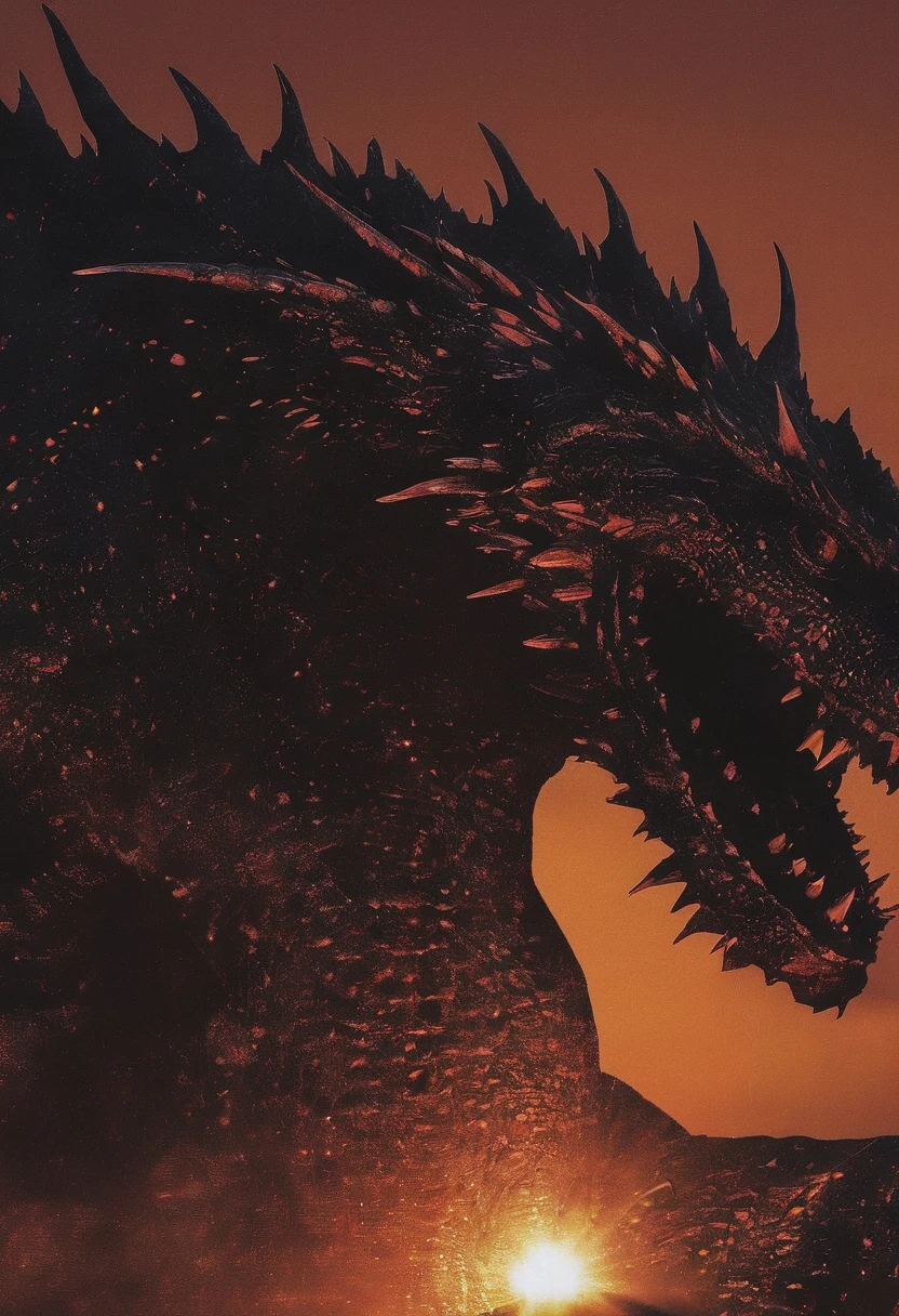angry monster dragon with big muzzles all over the head in front of sunset