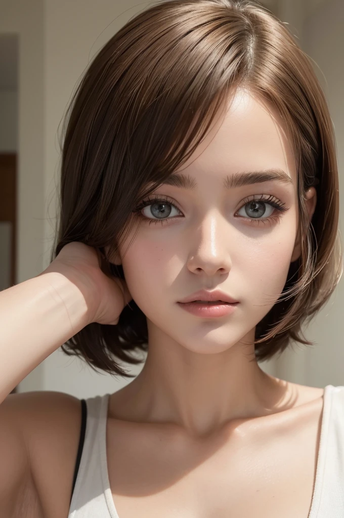 ((best quality)), ((masterpiece)), (detailed), perfect face uma mulher de 21 anos, cabelos andulados no corte micro bob com partilha, cor de cabelo marrom escuro.