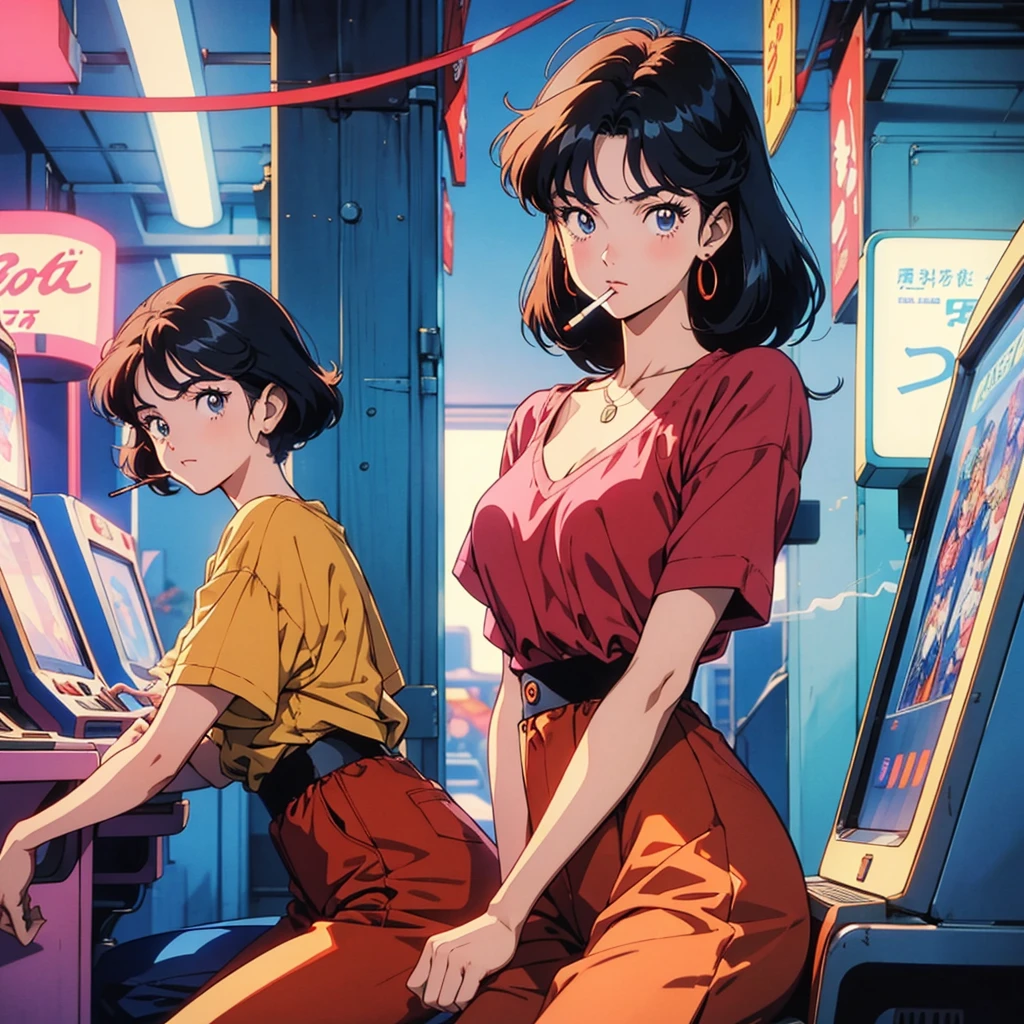 Retro arcade anime girl, 80年代のAnime atmosphere, 80s anime style, Retro Anime Girls, 1980's anime style, Retro anime images, Anime atmosphere, Playing games, smoking a cigarette, smoking