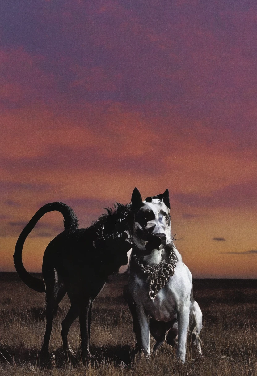 film fashion photography, fashion model with monster dog in front of sunset
