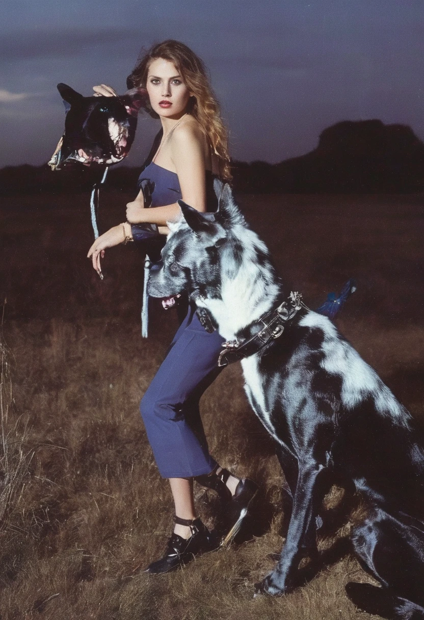 film fashion photography, fashion model with monster dog in front of sunset