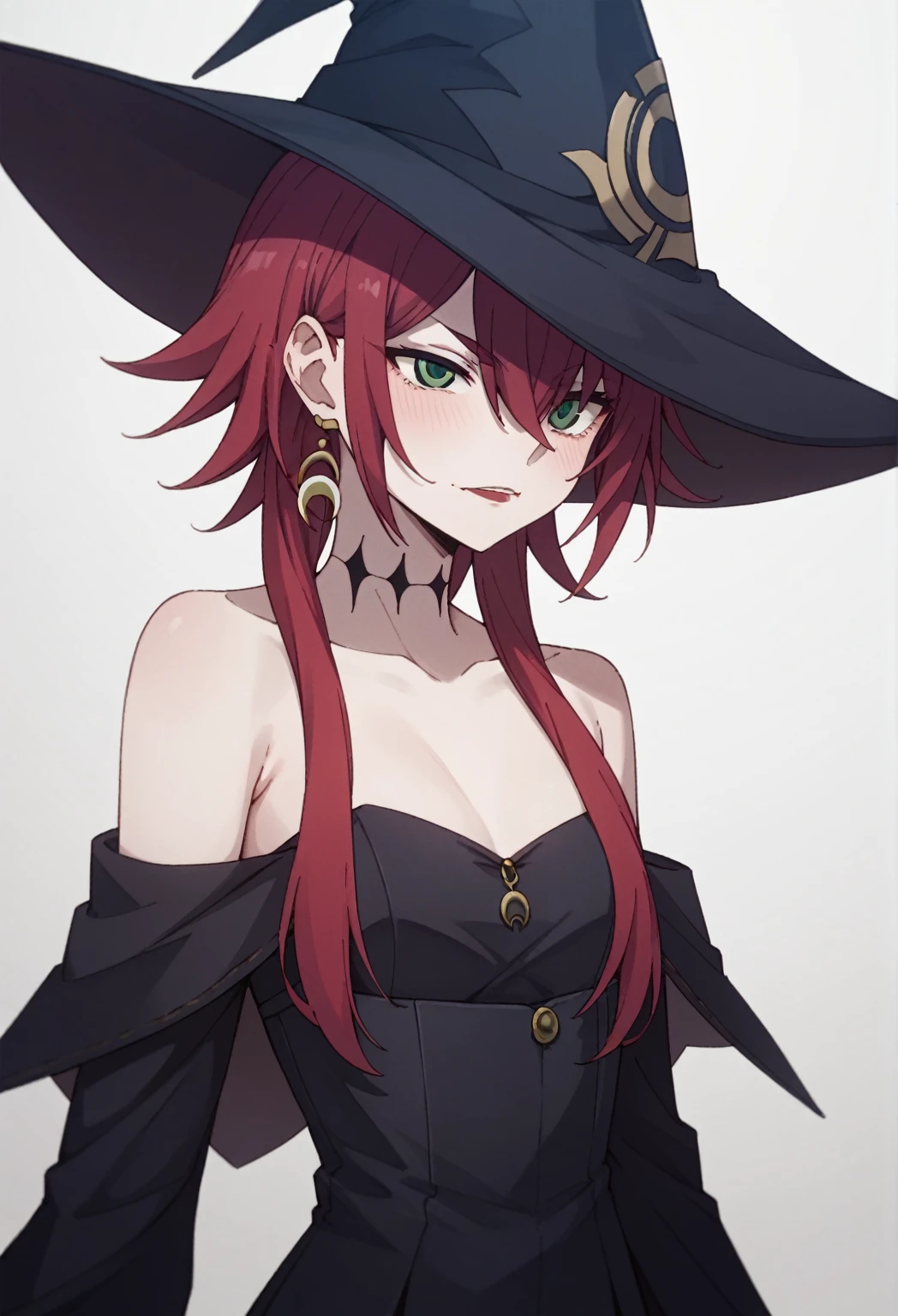 crimson, 1girl, small breasts, hat, witch hat, solo, green eyes, red hair 