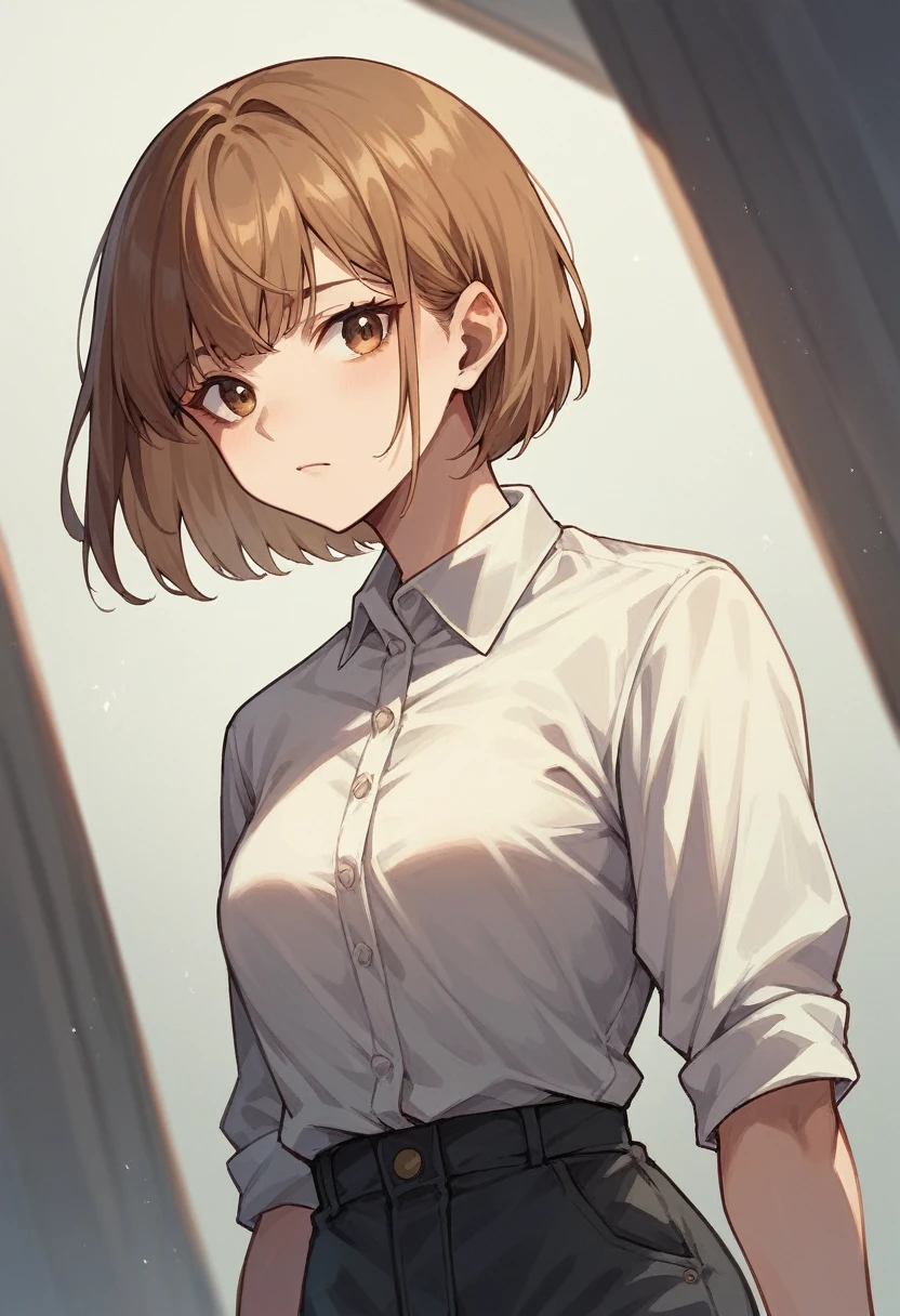 anime girl in a bob cut with bangs and golden brown hair