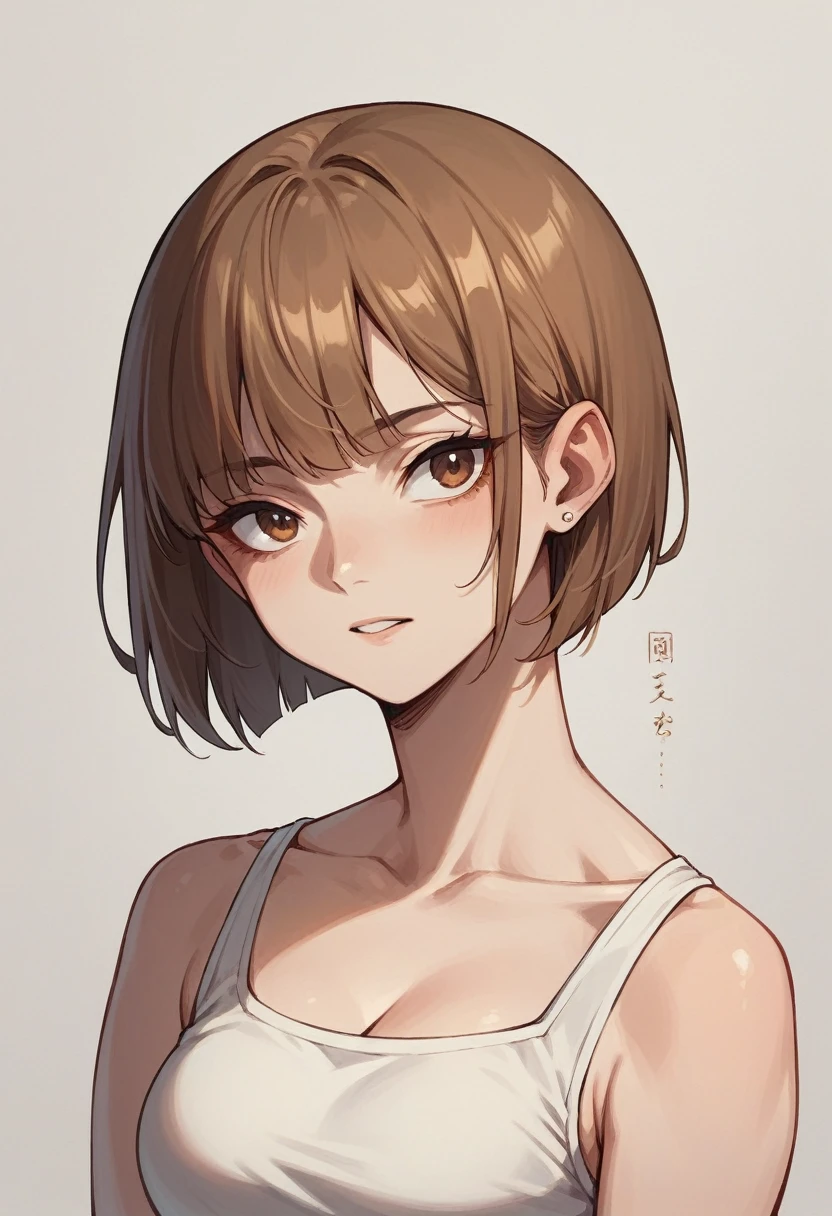 anime girl in a bob cut with bangs and golden brown hair