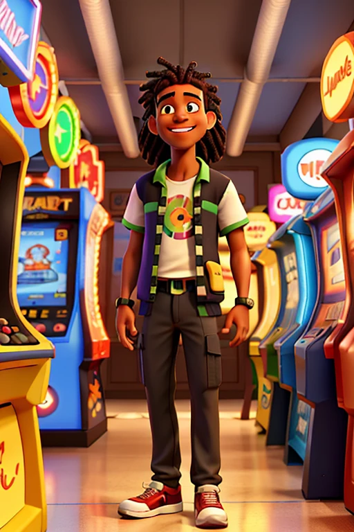 A scene unfolds in a vibrant video game arcade, where a tall, brown-skinned father with dreadlocks reaching his shoulders stands out against the buzzing background. He dons a wide-legged camouflage pants and a black t-shirt, immersed in playful banter with his two sons and two daughters, aged between  and elehe trio of boys and girls, their laughter echoing through the arcade, spend a splendid Father's Day filled with games and joyous endeavors, their father reveling in the delightful family time, oblivious to the passing hours. The neon lights of the arcade machines flash and flicker, casting