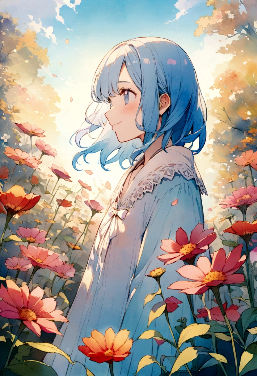 (High resolution、Very detailed、Hmph、movie)、alone、1 Girl、happiness、Girl Standing In Cosmos Flower Garden、Girl around the petals、Cute Smile、Esbian all over、Girl with long blue hair、Light blueの髪、Look forward、Fantasy、Official Art、Pop Art、profile、Very detailed顔、Very detailed目、Cosmos Flower Garden、Ultra Detailed Fields、White blue sky、 Light blue、Blanche、Nebula in the sky、Autumn foliage scenery、Watercolor、pastel colour