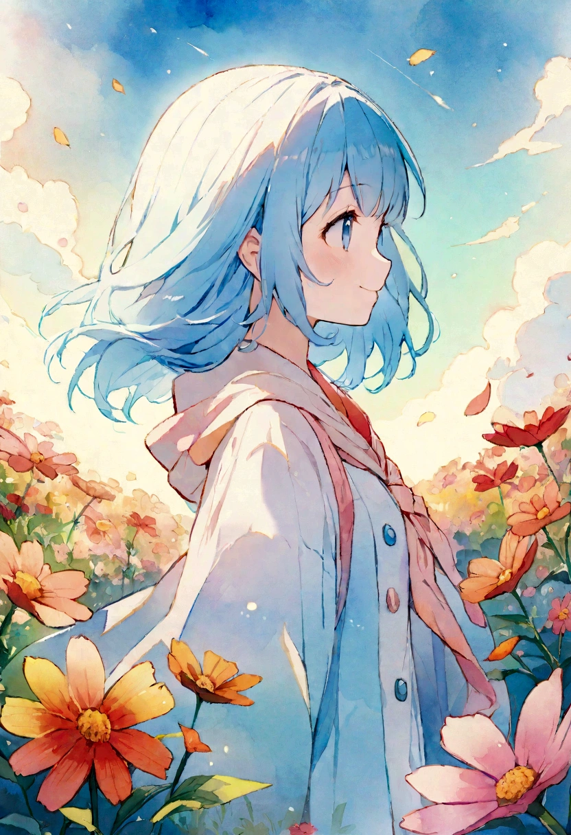 (High resolution、Very detailed、Hmph、movie)、alone、1 Girl、happiness、Girl Standing In Cosmos Flower Garden、Girl around the petals、Cute Smile、Esbian all over、Girl with long blue hair、Light blueの髪、Look forward、Fantasy、Official Art、Pop Art、profile、Very detailed顔、Very detailed目、Cosmos Flower Garden、Ultra Detailed Fields、White blue sky、 Light blue、Blanche、Nebula in the sky、Autumn foliage scenery、Watercolor、pastel colour