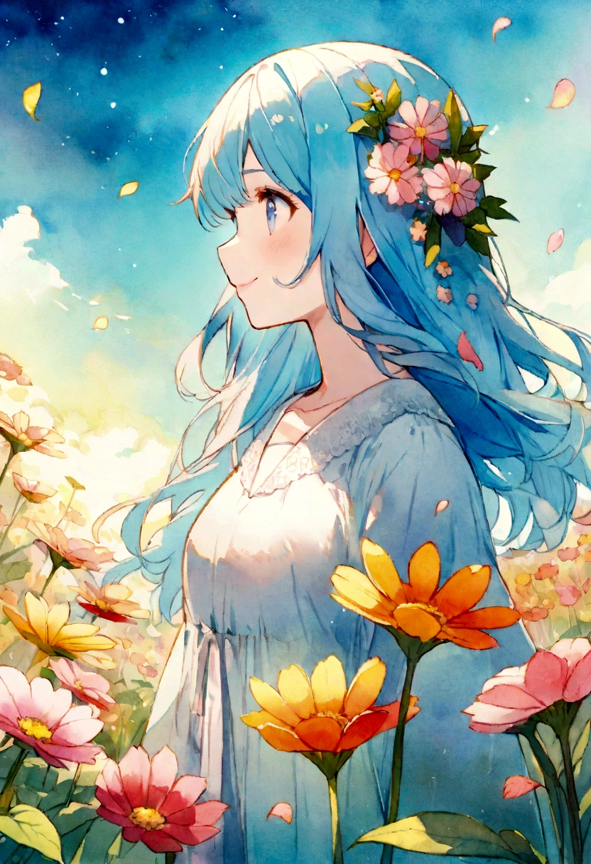 (High resolution、Very detailed、Hmph、movie)、alone、1 Girl、happiness、Girl Standing In Cosmos Flower Garden、Girl around the petals、Cute Smile、Esbian all over、Girl with long blue hair、Light blueの髪、Look forward、Fantasy、Official Art、Pop Art、profile、Very detailed顔、Very detailed目、Cosmos Flower Garden、Ultra Detailed Fields、White blue sky、 Light blue、Blanche、Nebula in the sky、Autumn foliage scenery、Watercolor、pastel colour