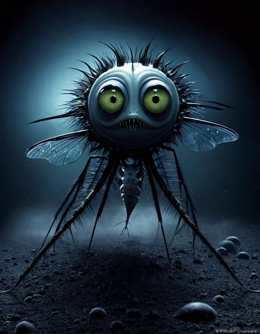 A nightmare dream, with fantastic animals, gatos, peces, insectos, escarabajos y luciernagas, con el estilo de Tim Burton y el surrealismo.
