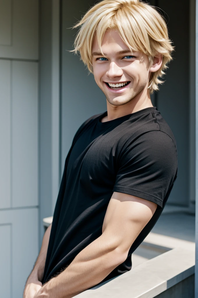 Blonde boy laughing black shirt light blue eyes and make it anime