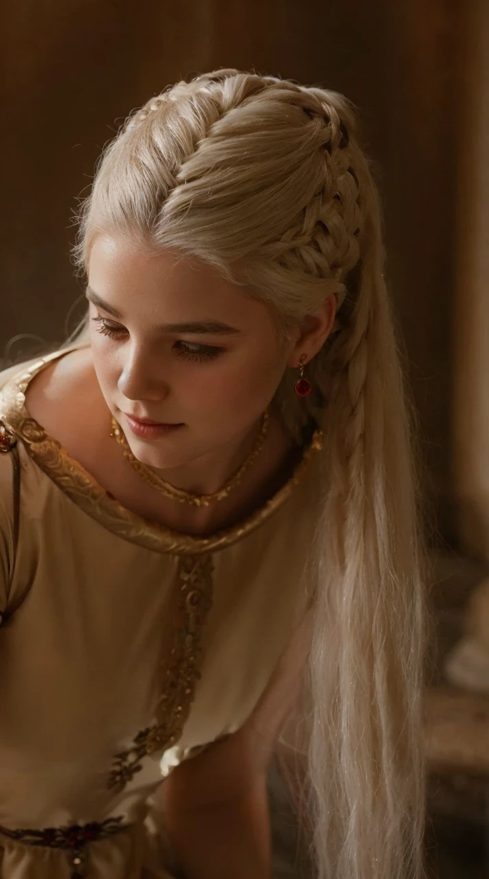 Girl with white wavy hair,side braids,beautiful necklace, Targaryen women hairstyle,beautiful gold tiara, red and black dress