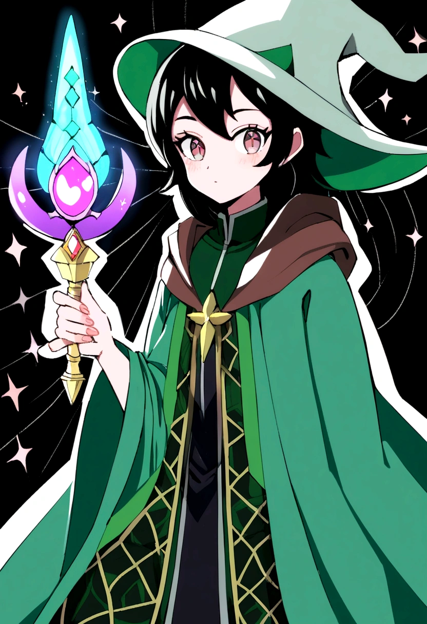 a magical girl with healing powers, maroon eyes, short black hair like a boy, wearing a black and green magical academic uniform with a wizard's hat and a large wand in her hand, wearing a cool black magic robe with green patterns, baddas, agresif