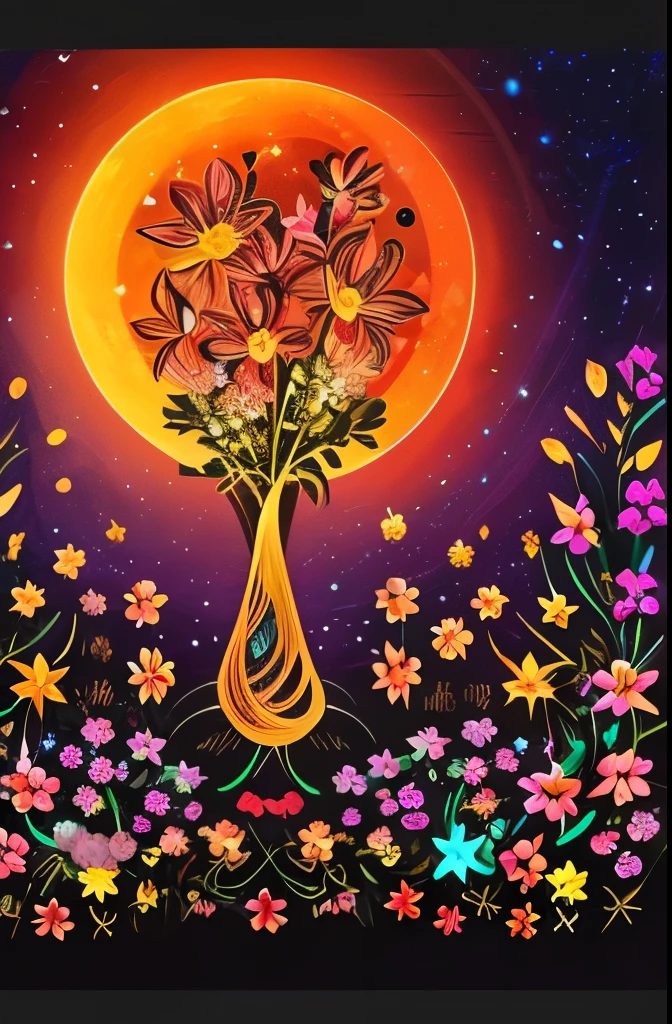 a bouquet of flowers with a crescent and stars on a black background, a digital painting by Android Jones, Artstation, pixel art, glowing flowers, 🌺 cgsociety, flowers and gold, floral sunset, night sky full of flowers, magical flowers, floral growth, celestial red flowers vibe, floral!, jen bartel, floral environment, nature and floral aesthetics