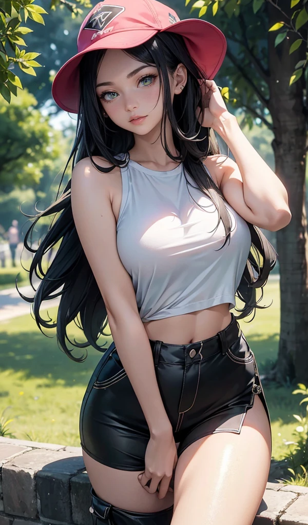 detailed, (masterpiece:1.2), (pale nipples_skin:1.2), (alone:1.2), (woman), (emphasis lines:1.3), thin and long, (black hair), outdoor, Sky, bare shoulders, clavicle, wristband, Leaves, trees, blue eyes, ponytail, (sleeveless white shirt), torn denim shorts, (cap), headgear, (aldult:1.3)(huge breasts:1.2),湿skin((rogue))Cool atmosphere