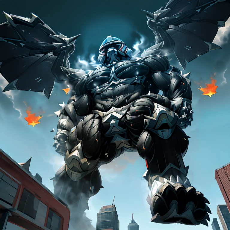 (masterpiece. official art. 8k. best quality. detailed full body. full body.)
A man in stylish armor fights against the magnificent biomechanical LUCARIO.
(situation 1 : dominating LUCARIO. focus GIANT mechanical Muscular LUCARIO is trampling the CITY. macro. stomp. Low-angle perspective. emphasizing the immense size. The perspective is from below, emphasizing the sheer majesty and power of the Giant. giant art. He is much bigger than a skyscraper. Giga Giants. micro soccer field. looking down.)
(situation 2 :smoke and flames rising from the destruction in the city)
(Additional details 1: wearing a full-face helmet. helmet is jet black. The color of NANOSUIT is jet black. high-tech bio-mecha armor. real texture material. whole body shines like metal. Wearing cyberpunk mecha. emphasizes the muscles. suit fully made of metal. intricate armor. Robotic suit. suit fully made of metal. NANOSUIT with the same design as LUCARIO.).
(Additional details 2: (Detailed head. Detailed Body. Detailed abs. gigantic muscles. HYPER MUSCLES. Gigachad Muscular. big muscle. pecs. triceps. traps. unusually developed muscular body. body full of huge muscles. showing off muscles. pectorales enormes. Exaggeratedly huge muscles. huge muscles. long legs.).
(Additional details 3: nj5furry, Spread wings. It has wings. black have big wings. The claws are sharp. Sharp teeth.5 toes.).