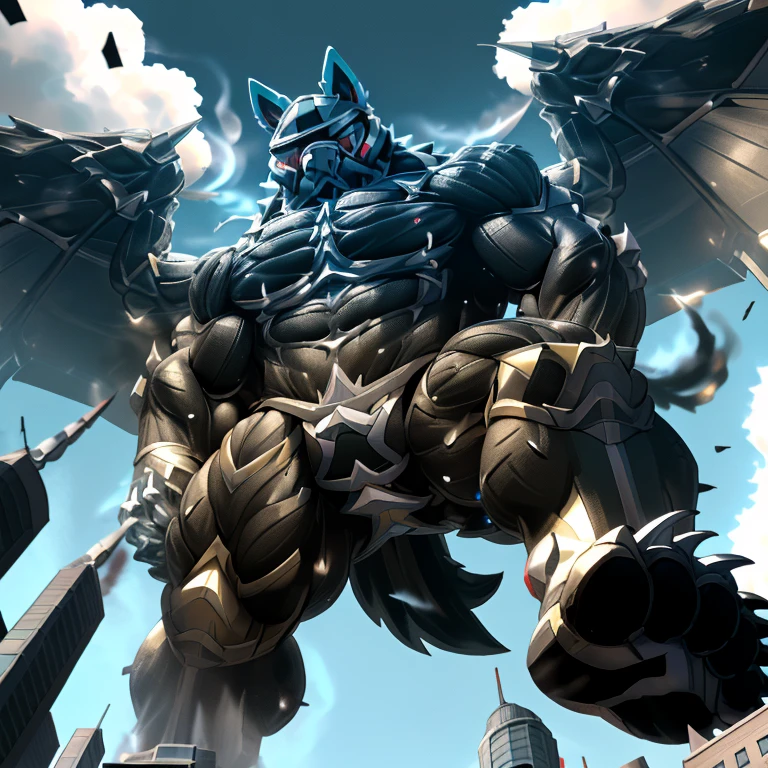 (masterpiece. official art. 8k. best quality. detailed full body. full body.)
A man in stylish armor fights against the magnificent biomechanical LUCARIO.
(situation 1 : dominating LUCARIO. focus GIANT mechanical Muscular LUCARIO is trampling the CITY. macro. stomp. Low-angle perspective. emphasizing the immense size. The perspective is from below, emphasizing the sheer majesty and power of the Giant. giant art. He is much bigger than a skyscraper. Giga Giants. micro soccer field. looking down.)
(situation 2 :smoke and flames rising from the destruction in the city)
(Additional details 1: wearing a full-face helmet. helmet is jet black. The color of NANOSUIT is jet black. high-tech bio-mecha armor. real texture material. whole body shines like metal. Wearing cyberpunk mecha. emphasizes the muscles. suit fully made of metal. intricate armor. Robotic suit. suit fully made of metal. NANOSUIT with the same design as LUCARIO.).
(Additional details 2: (Detailed head. Detailed Body. Detailed abs. gigantic muscles. HYPER MUSCLES. Gigachad Muscular. big muscle. pecs. triceps. traps. unusually developed muscular body. body full of huge muscles. showing off muscles. pectorales enormes. Exaggeratedly huge muscles. huge muscles. long legs.).
(Additional details 3: nj5furry, Spread wings. It has wings. black have big wings. The claws are sharp. Sharp teeth.5 toes.).