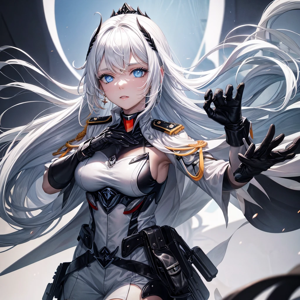 White hair, blue eyes, beautiful female, black military uniform, black leather clothing, black gloves