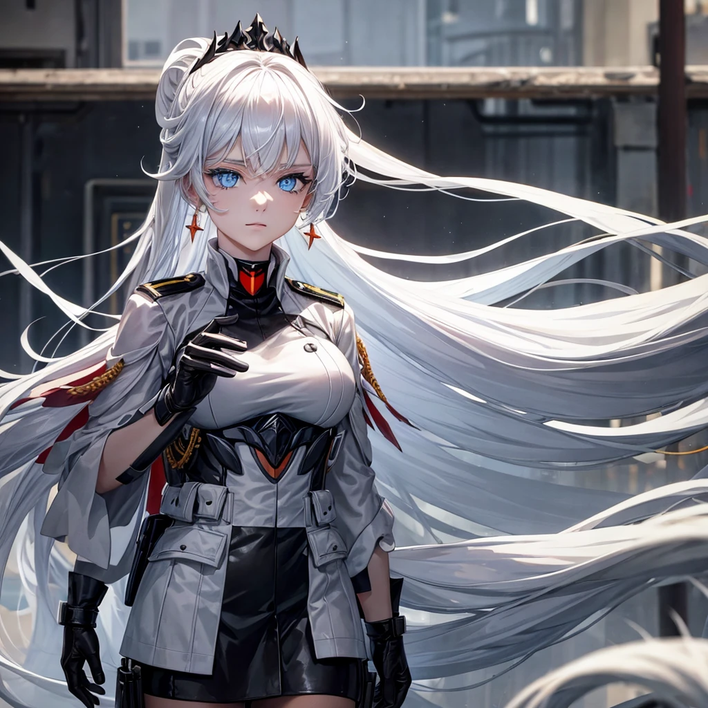 White hair, blue eyes, beautiful female, black military uniform, black leather clothing, black gloves