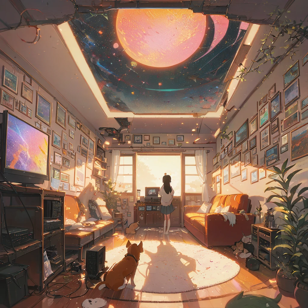 ((anime:1.4,illustration)),(masterpiece, top quality, best quality),(ultra-detailed, absolutely resolution),((16k, high res)), (((Interior, small living room, planetarium on the whole ceiling, boy and dog looking up)) ((cosy lofi illustration:1.4)), ((anime:1.4, illustration)),(masterpiece, top quality, best quality),(ultra-detailed, absolutely resolution),((16k, high res)) BREAK {lofi art, style of Laurie Greasley, style of Makoto Shinkai, anime aesthetic}, BREAK { (produces images with information than 40 million pixels with cinematic-like detailed textures shot on a Sony SLR).}