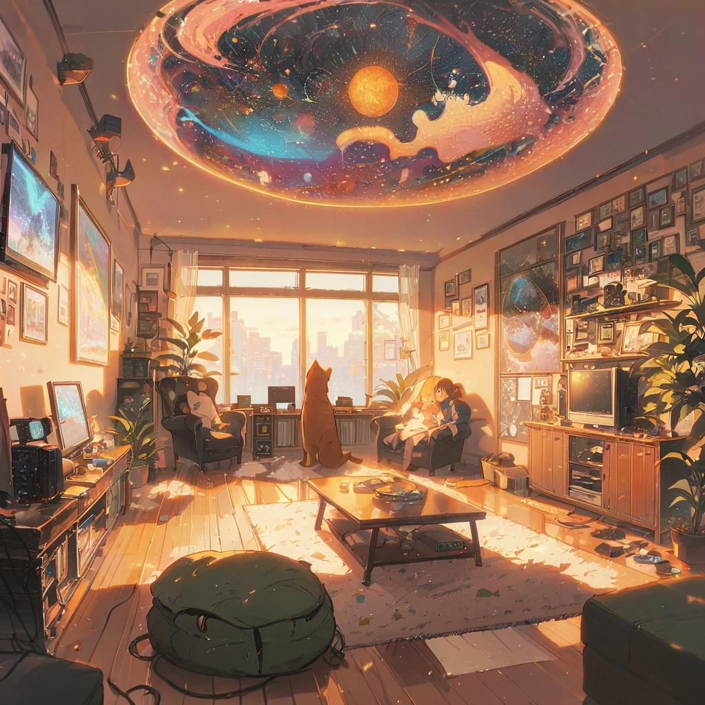 ((anime:1.4,illustration)),(masterpiece, top quality, best quality),(ultra-detailed, absolutely resolution),((16k, high res)), (((Interior, small living room, planetarium on the whole ceiling, boy and dog looking up)) ((cosy lofi illustration:1.4)), ((anime:1.4, illustration)),(masterpiece, top quality, best quality),(ultra-detailed, absolutely resolution),((16k, high res)) BREAK {lofi art, style of Laurie Greasley, style of Makoto Shinkai, anime aesthetic}, BREAK { (produces images with information than 40 million pixels with cinematic-like detailed textures shot on a Sony SLR).}