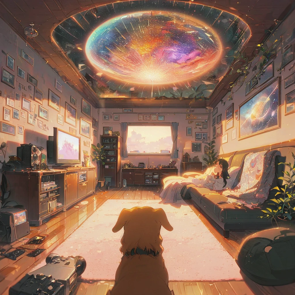 ((anime:1.4,illustration)),(masterpiece, top quality, best quality),(ultra-detailed, absolutely resolution),((16k, high res)), (((Interior, small living room, planetarium on the whole ceiling, boy and dog looking up)) ((cosy lofi illustration:1.4)), ((anime:1.4, illustration)),(masterpiece, top quality, best quality),(ultra-detailed, absolutely resolution),((16k, high res)) BREAK {lofi art, style of Laurie Greasley, style of Makoto Shinkai, anime aesthetic}, BREAK { (produces images with information than 40 million pixels with cinematic-like detailed textures shot on a Sony SLR).}