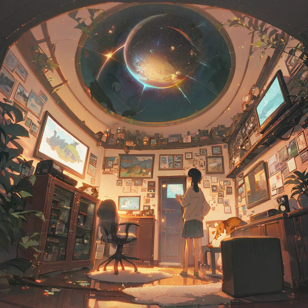 ((anime:1.4,illustration)),(masterpiece, top quality, best quality),(ultra-detailed, absolutely resolution),((16k, high res)), (((Interior, small living room, planetarium on the whole ceiling, boy and dog looking up)) ((cosy lofi illustration:1.4)), ((anime:1.4, illustration)),(masterpiece, top quality, best quality),(ultra-detailed, absolutely resolution),((16k, high res)) BREAK {lofi art, style of Laurie Greasley, style of Makoto Shinkai, anime aesthetic}, BREAK { (produces images with information than 40 million pixels with cinematic-like detailed textures shot on a Sony SLR).}