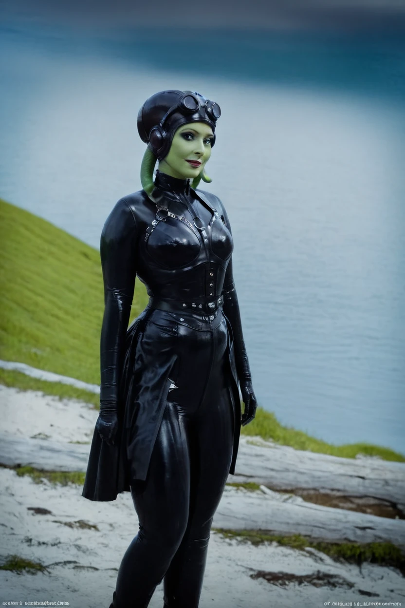 black latex , cinematic film still hera syndulla, (green skin:1.2), grin at canal, full body shot, highly detailed environment . shallow depth of field, vignette, highly detailed, high budget Hollywood movie by baz luhrmann, bokeh, cinemascope, moody, epic, gorgeous, film grain, grainy