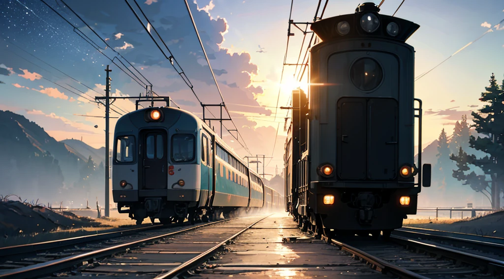 High quality masterpiece ,landscape,Animated train passing through water on the tracks, Shining starry sky。Romantic Train,irritating,Concept Art,Lofi Art style,Reflective plate。 by Makoto Shinkai, Lofi Art, Beautiful anime scene, アニメのlandscape, 詳細なlandscape —幅672, In the style of Makoto Shinkai, Makoto Shinkai's Style,Detail enhancements
