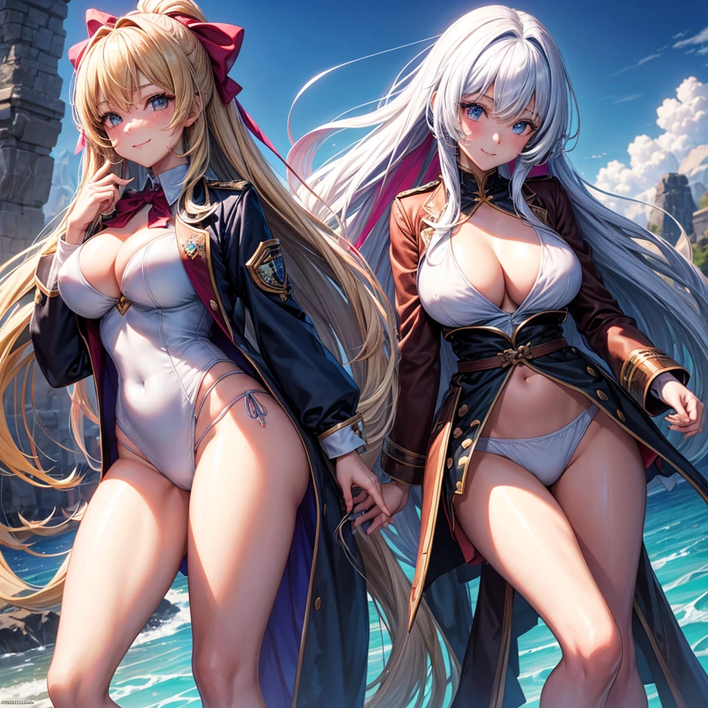 best quality，8K，masterpiece，beautiful girlゲーム，smile，two girls，One side turns its butt forward，beautiful girl，beautiful girl，costume，light-novel，Isekai Fantasy，Magical girl，big breasts，Future fashion，uniform，blazer，wimwear，bikini，horny girl，Ribbon on uniform，Outstanding style，multicolored clothes，Beautiful girl with psychic powers，long hair，Multicolored hair colors，highest quality，perfect face，hyper real stick，perfect girl，
