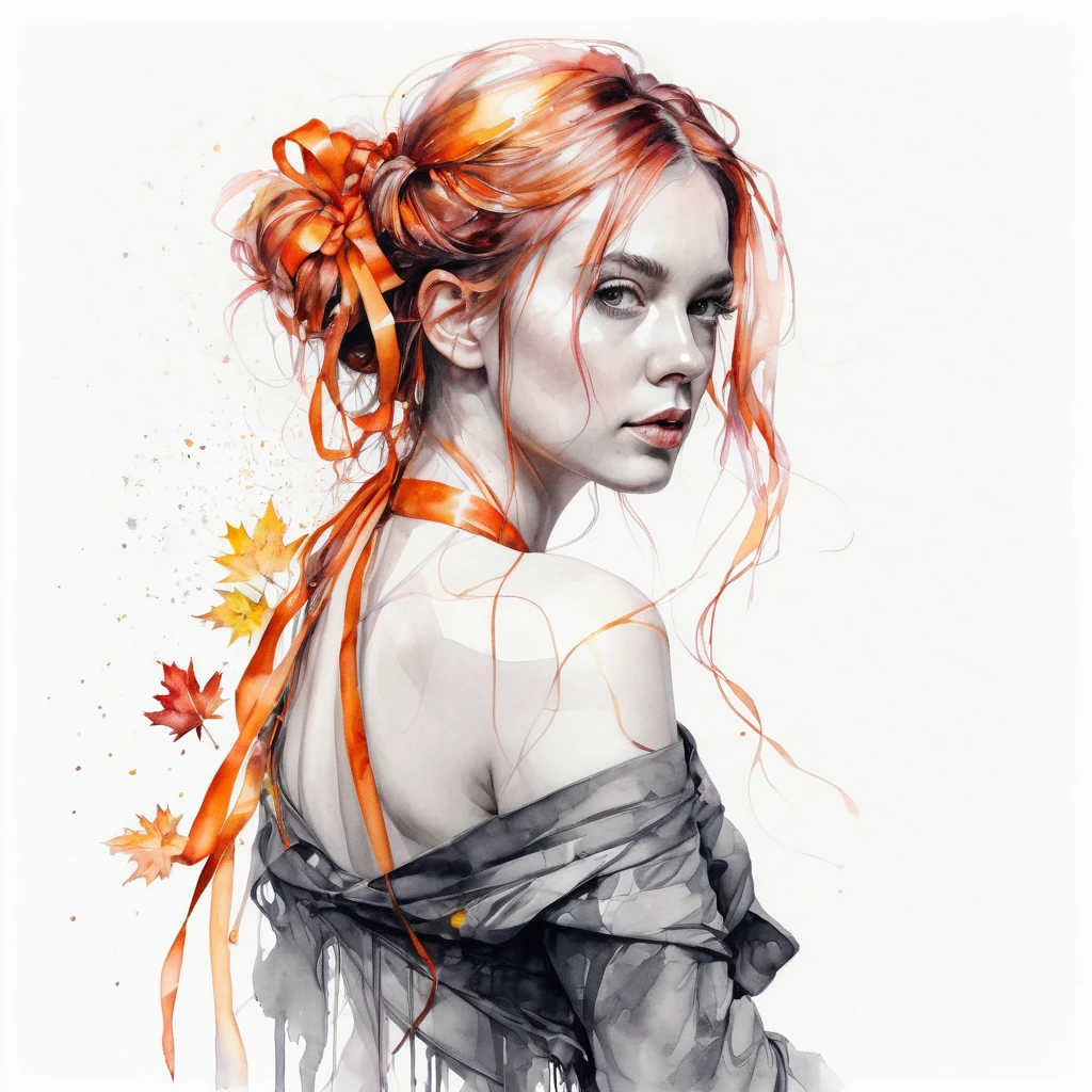 (8k, best quality, masterpiece:1.2),(best quality:1.0), (ultra highres:1.0), pencil artwork, a beautiful woman, shoulder, hair ribbons, by agnes cecile, full body portrait, extremely luminous bright design, (ink:1.3), autumn lights, full body