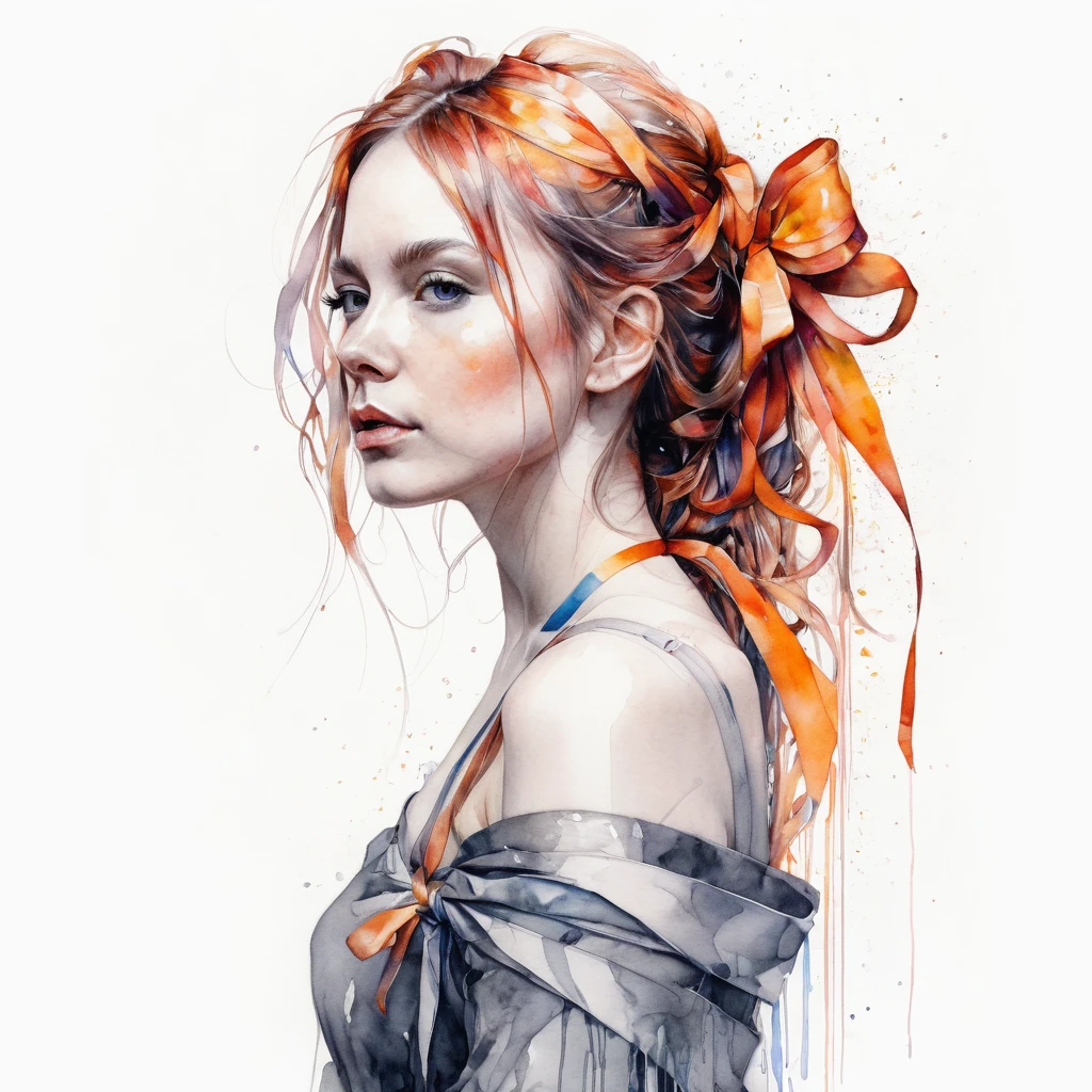 (8k, best quality, masterpiece:1.2),(best quality:1.0), (ultra highres:1.0), pencil artwork, a beautiful woman, shoulder, hair ribbons, by agnes cecile, full body portrait, extremely luminous bright design, (ink:1.3), autumn lights, full body