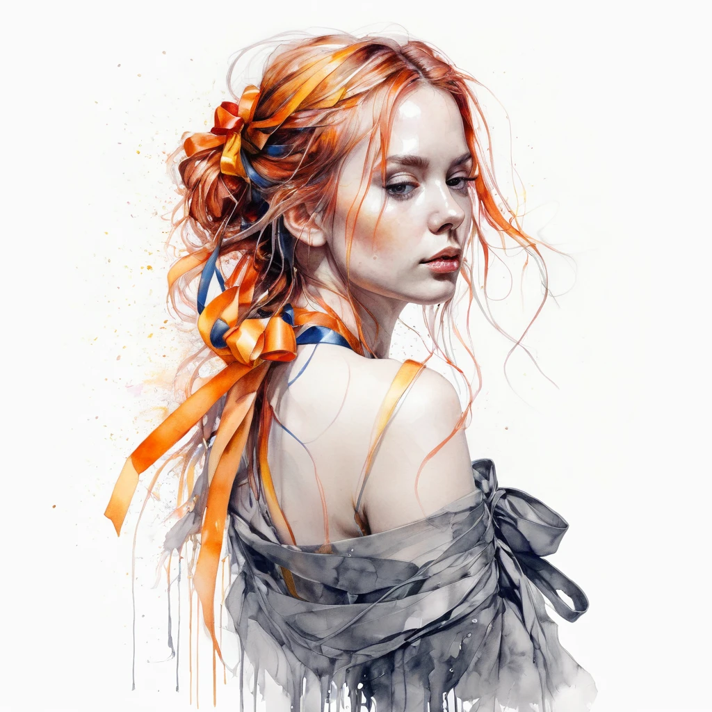 (8k, best quality, masterpiece:1.2),(best quality:1.0), (ultra highres:1.0), pencil artwork, a beautiful woman, shoulder, hair ribbons, by agnes cecile, full body portrait, extremely luminous bright design, (ink:1.3), autumn lights, full body