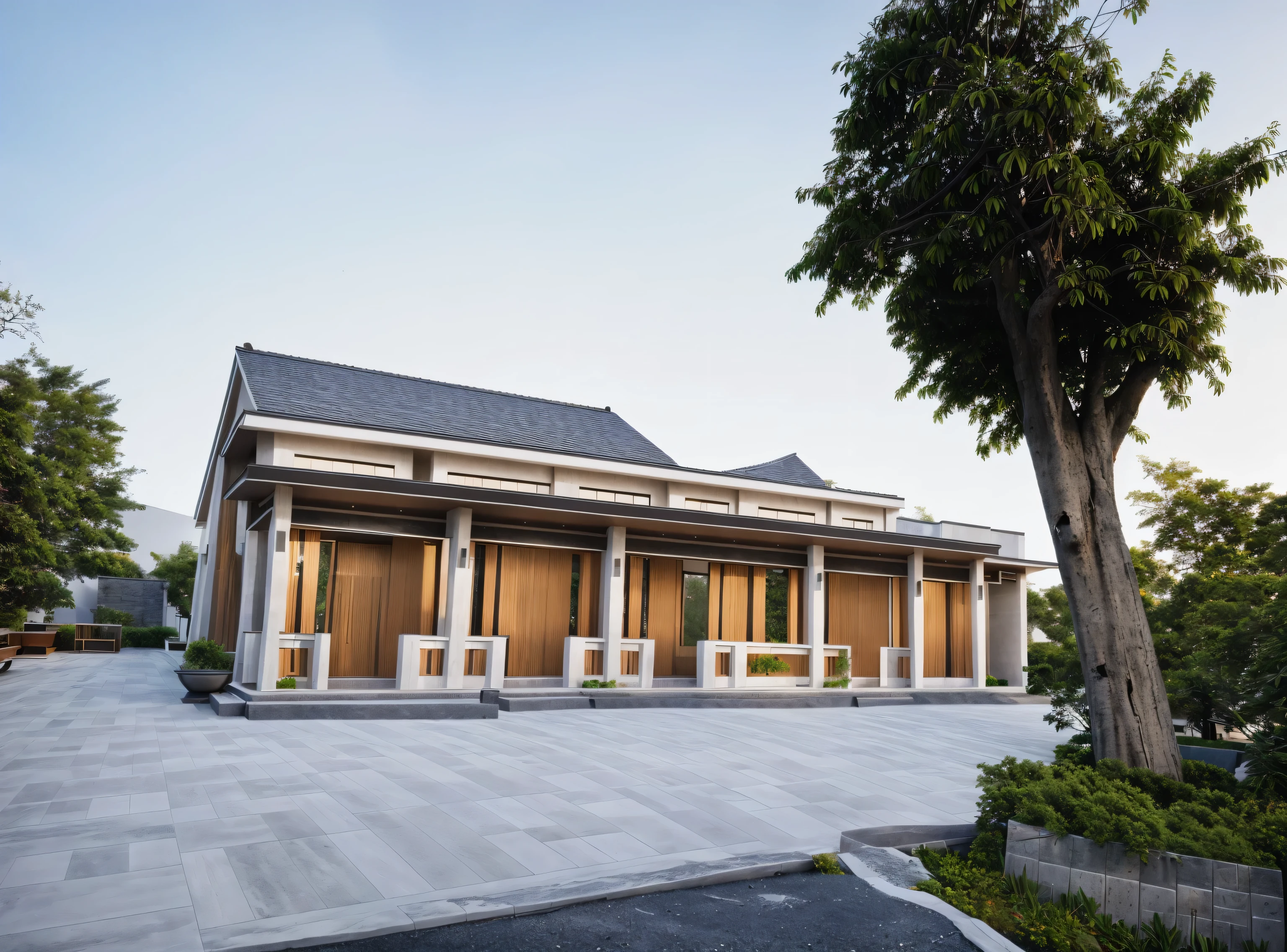 Modern architecture, xinfa aluminum glass doors, (stone wall, outdoor wood paneling, white paint), best quality, (Super detailed photos, true, expression), Gray Japanese tile roof, warm yellow light , The courtyard is covered with ceramic tiles, green exterior, Super realistic clear blue sky